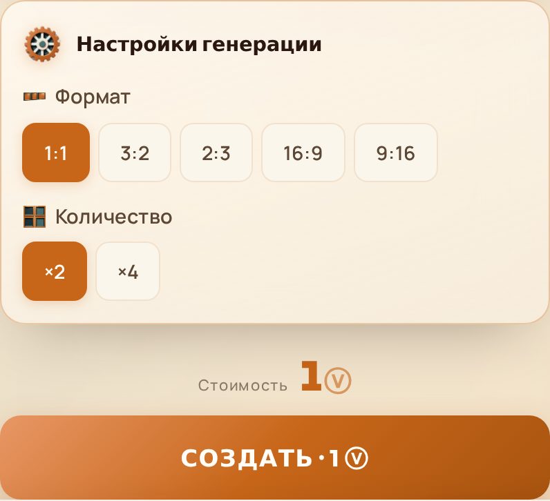 Блок «Настройки генерации»: формат, количество, стоимость и кнопка «СОЗДАТЬ · 1 ⓥ»