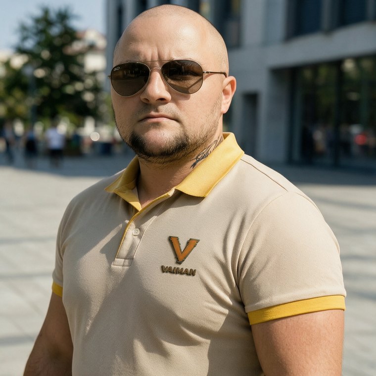 Результат по слабому промпту: тот же уличный кадр, то же поло, те же тёмные очки