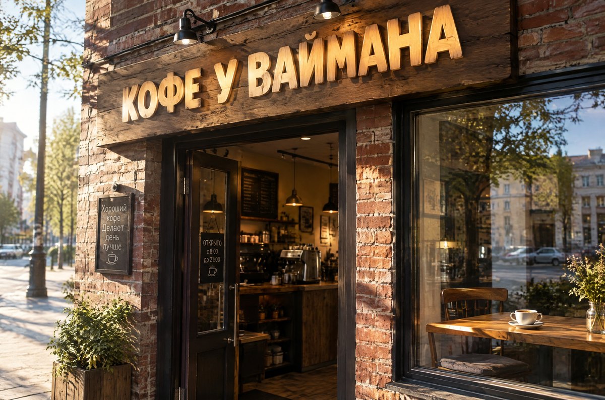 Вывеска кофейни с надписью «КОФЕ У ВАЙМАНА» — сделана GPT Image 2.5 по одной фразе