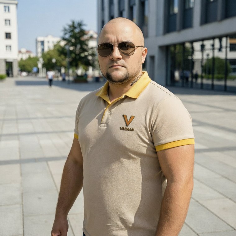 Результат по запросу «улучши фото»: тот же уличный кадр, мужчина в светлом поло на площади