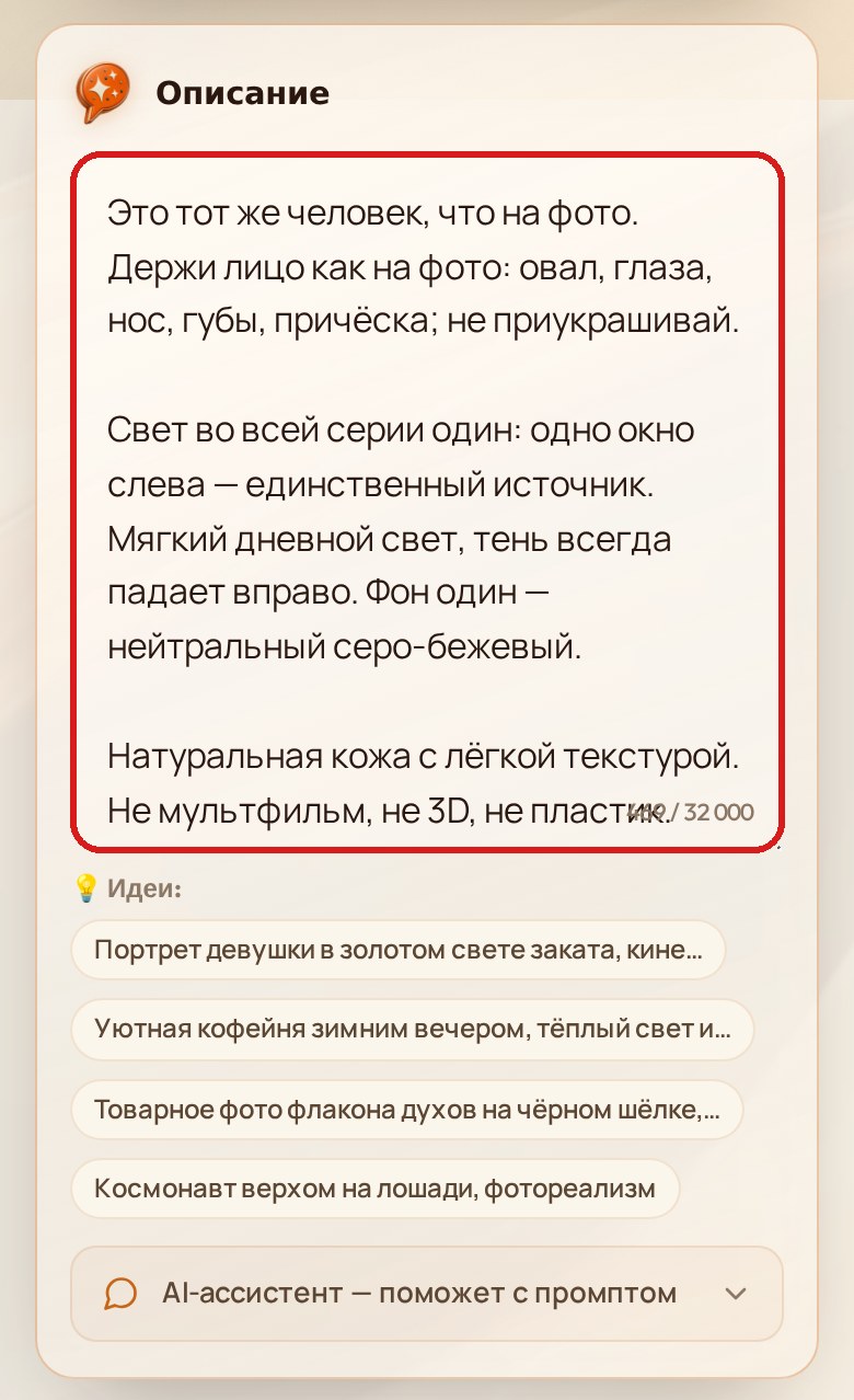 Поле «Описание» с каркасом промпта: лицо как на фото, окно слева, натуральная кожа